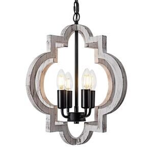 Farmhouse Wood Chandelier Rustic Black Chain Dimmable Uses 4 E12 Bulbs